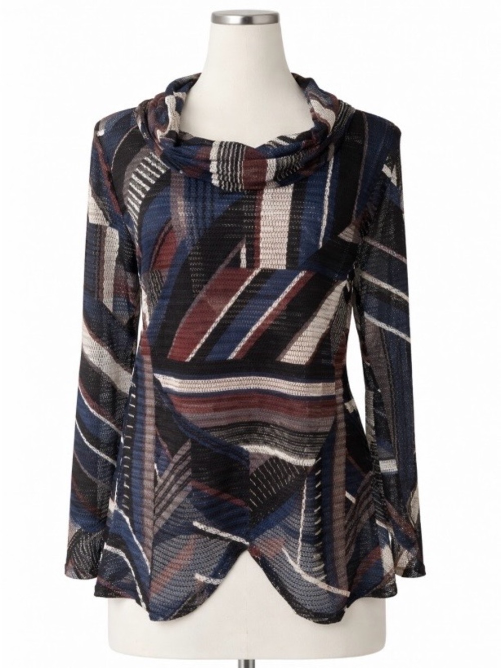 Papillon Mesh Tunic Top Cowl Neck Abstract Sheer Stretch Long Sleeve Medium